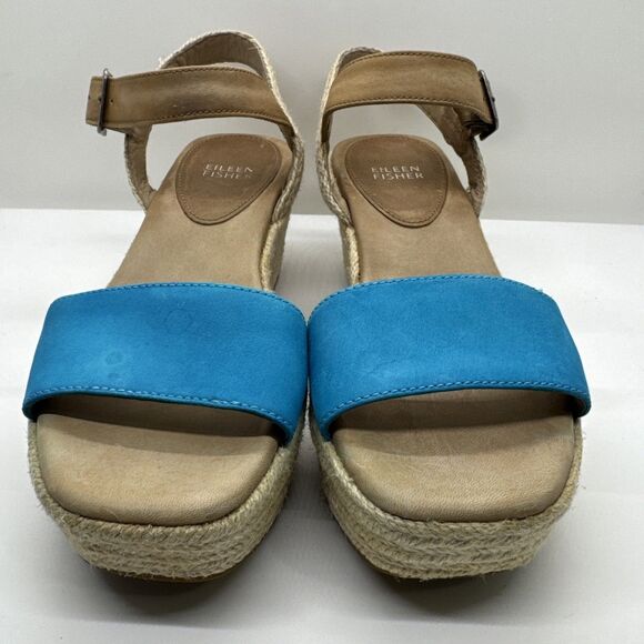 Eileen Fisher Blue & Tan Espadrille Platform Wedge Sandals Shoes Womens 7 - Picture 5 of 10